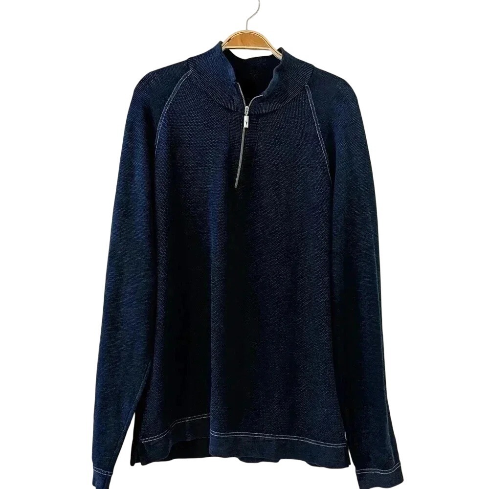 Tommy Bahama Sweater Mens Waffle Knit Blue 1/4 Zip Pullover Cotton Large Beachy